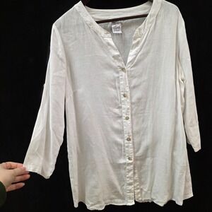 Match Point Womens Linen Tunic Top Size M Off White Button Up 3/4 Sleeve Natural